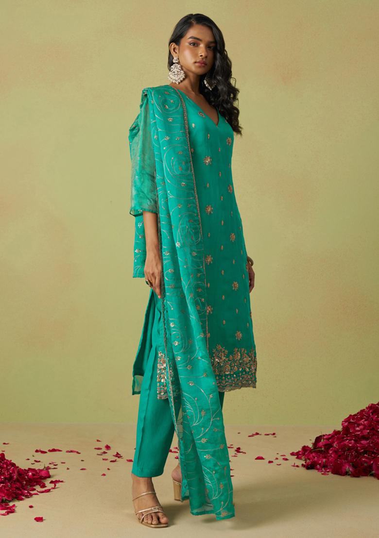 Sky Blue Embroidered Organza Kurta Set