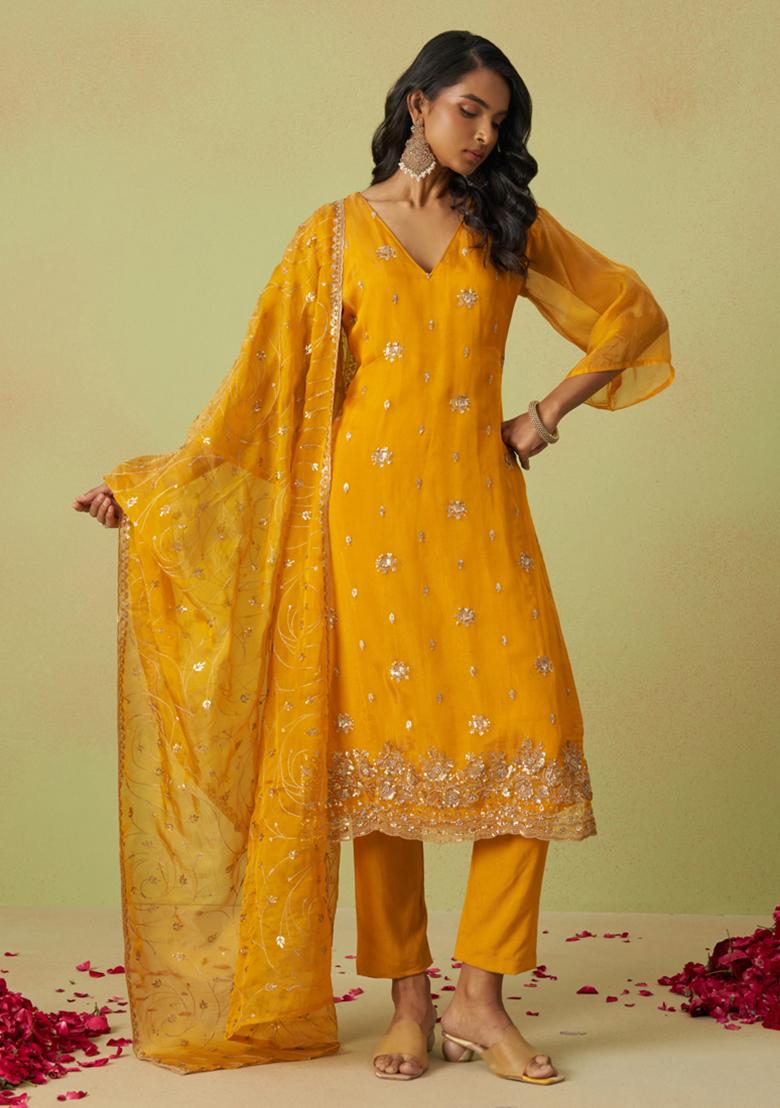 Yellow Embroidered Organza Kurta Set