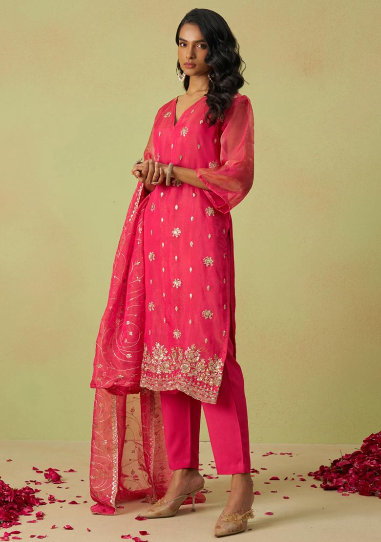 Pink Embroidered Organza Kurta Set