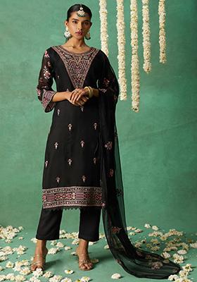Black Embroidered Organza Kurta Set