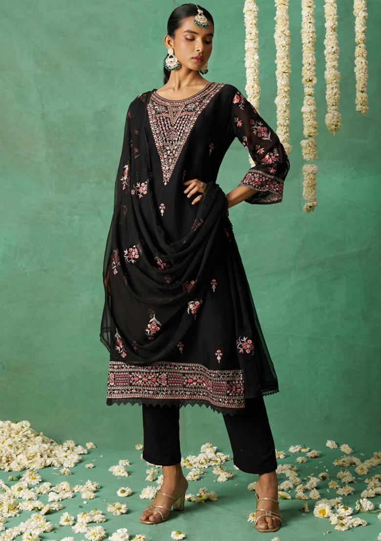 Black Embroidered Organza Kurta Set