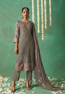 Grey Embroidered Organza Kurta Set