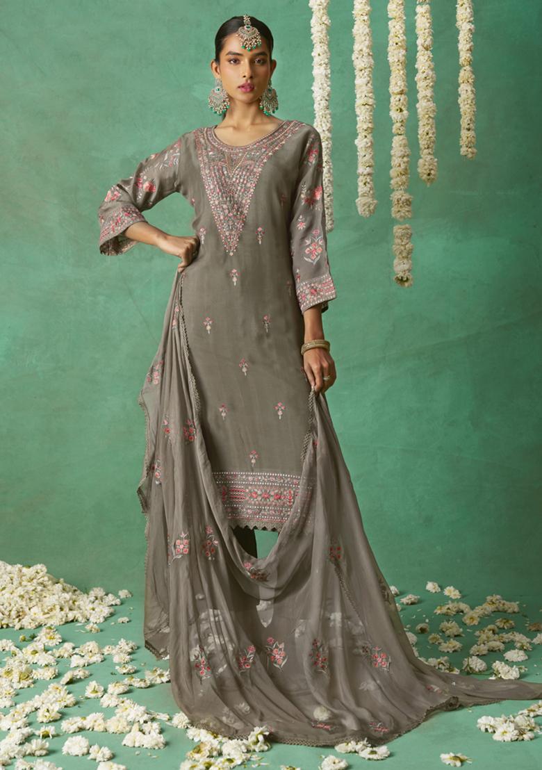 Grey Embroidered Organza Kurta Set