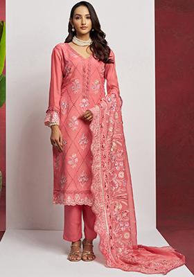 Peach Embroidered Organza Kurta Set
