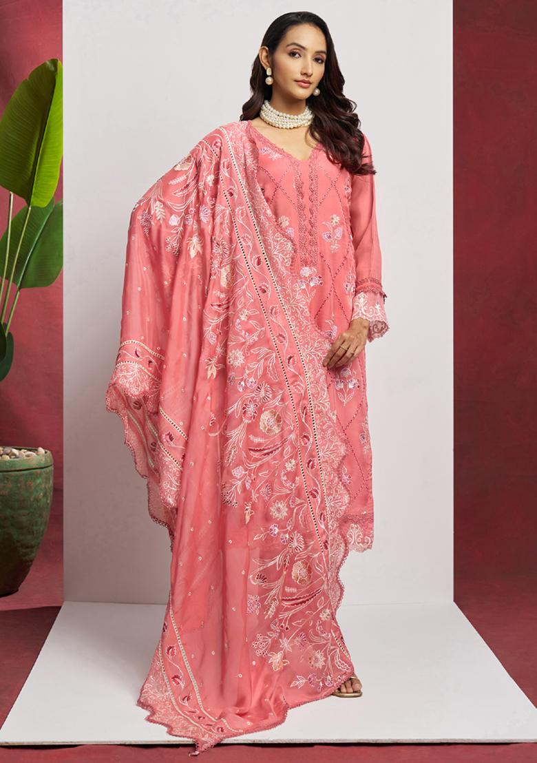 Peach Embroidered Organza Kurta Set