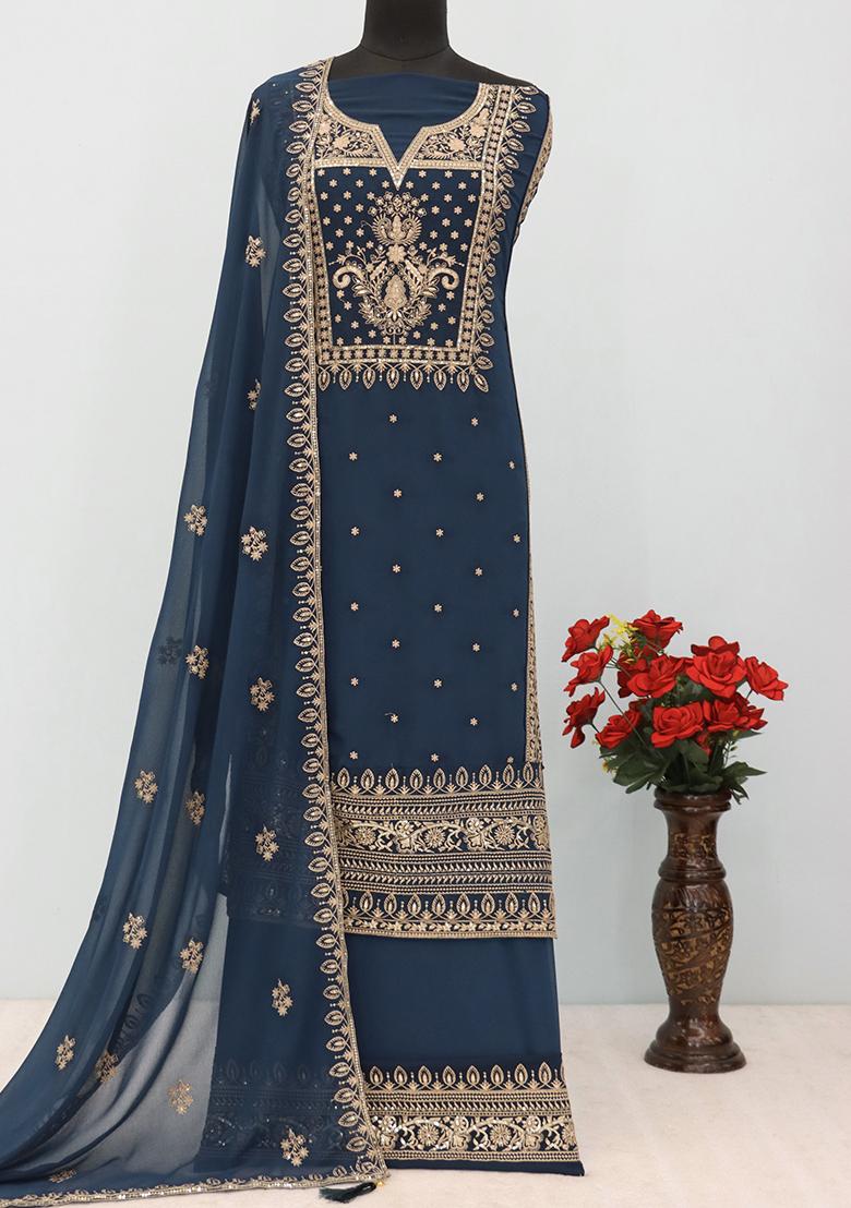 Teal Sequin Embroidered Georgette Kurta Set