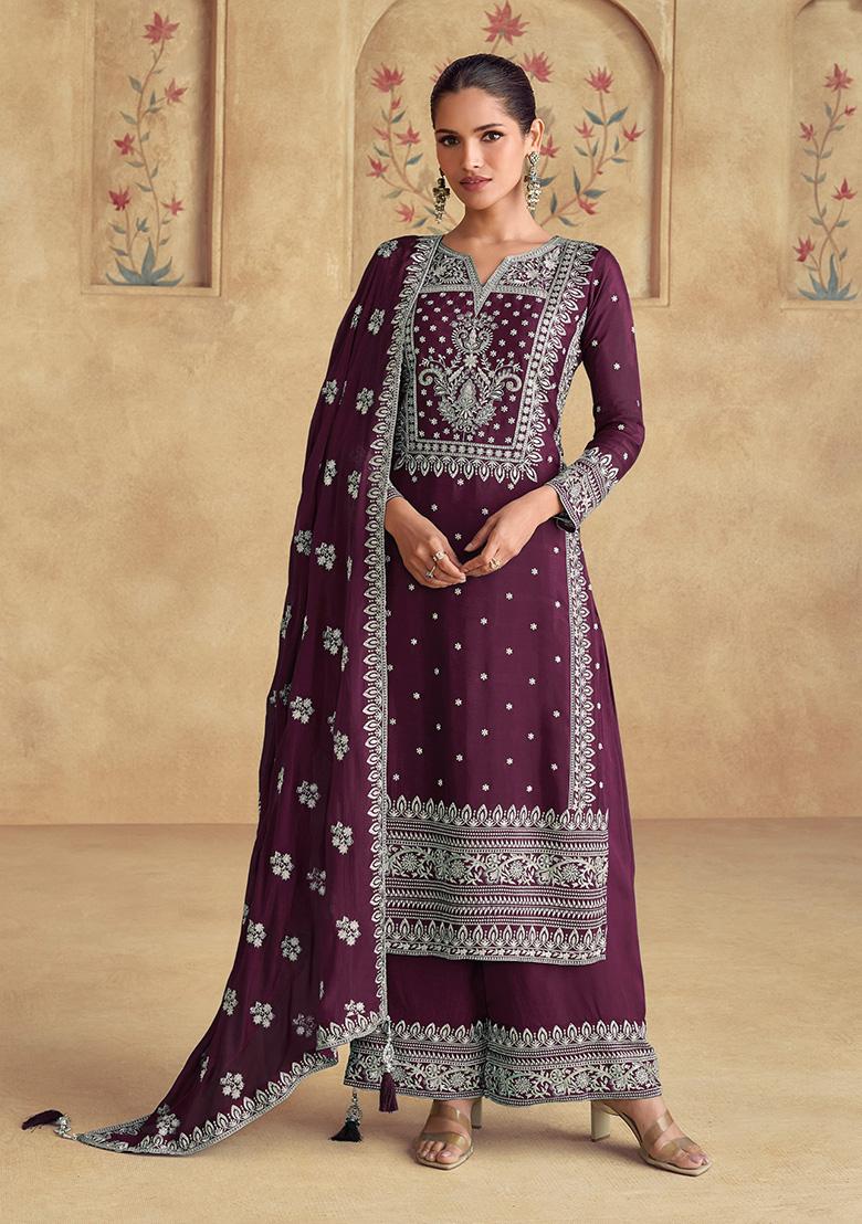 Wine Sequin Embroidered Georgette Kurta Set - Indya