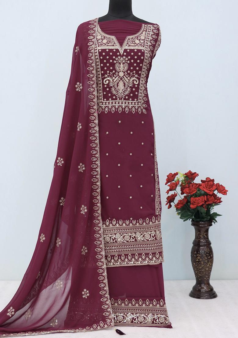 Wine Sequin Embroidered Georgette Kurta Set