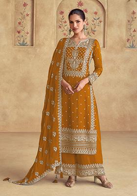 Mustard Yellow Sequin Embroidered Georgette Kurta Set