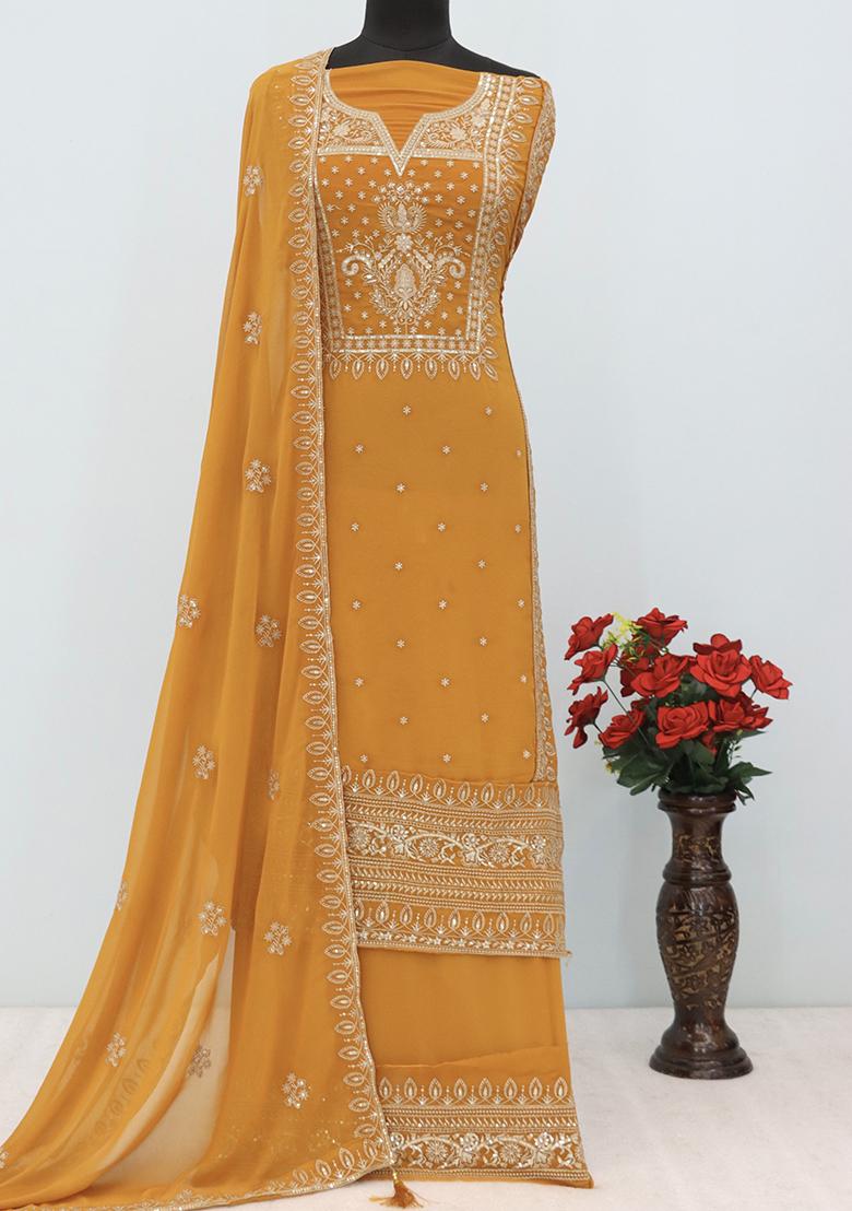 Mustard Yellow Sequin Embroidered Georgette Kurta Set