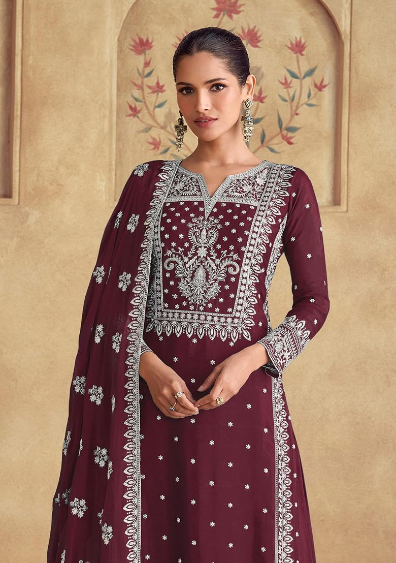 Maroon Sequin Embroidered Georgette Kurta Set