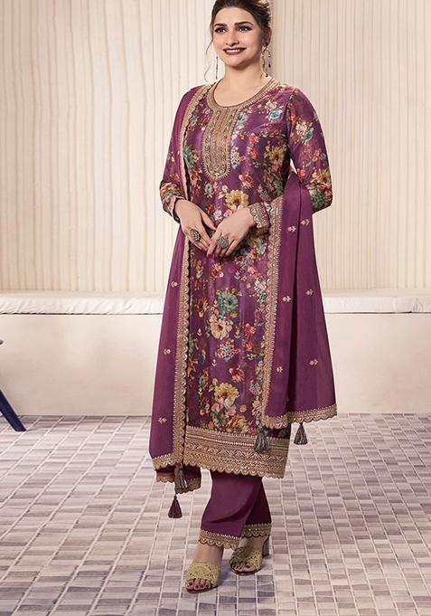 Purple Floral Print Silk Kurta Set