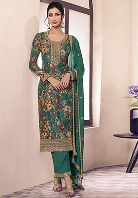 Green Floral Print Silk Kurta Set