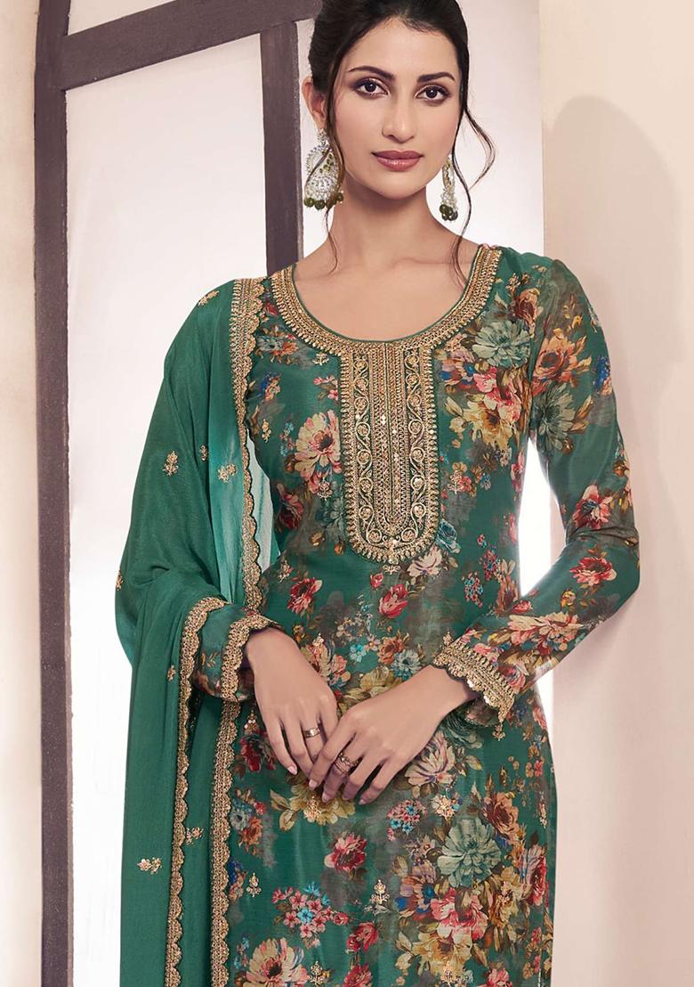 Green Floral Print Silk Kurta Set
