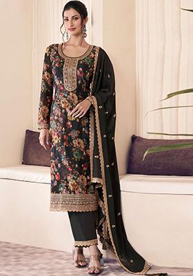 Purple Floral Print Silk Kurta Set