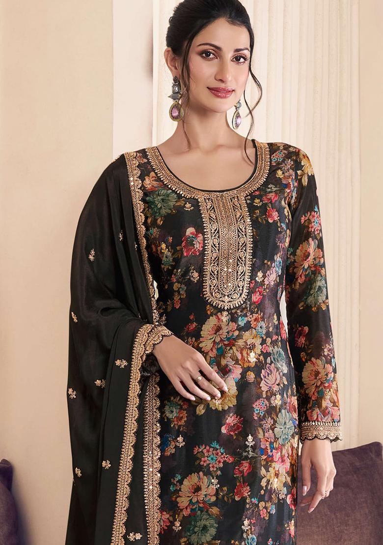 Purple Floral Print Silk Kurta Set