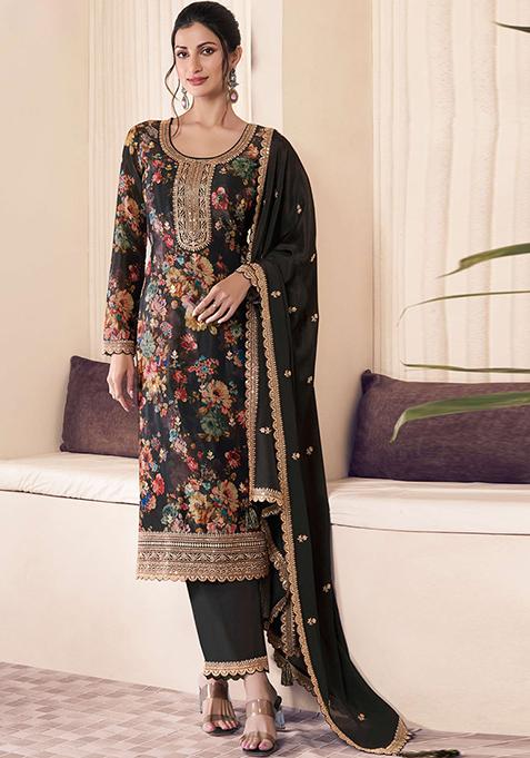 Purple Floral Print Silk Kurta Set