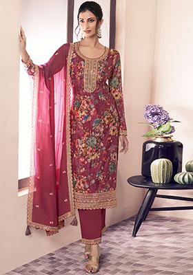 Pink Floral Print Silk Kurta Set