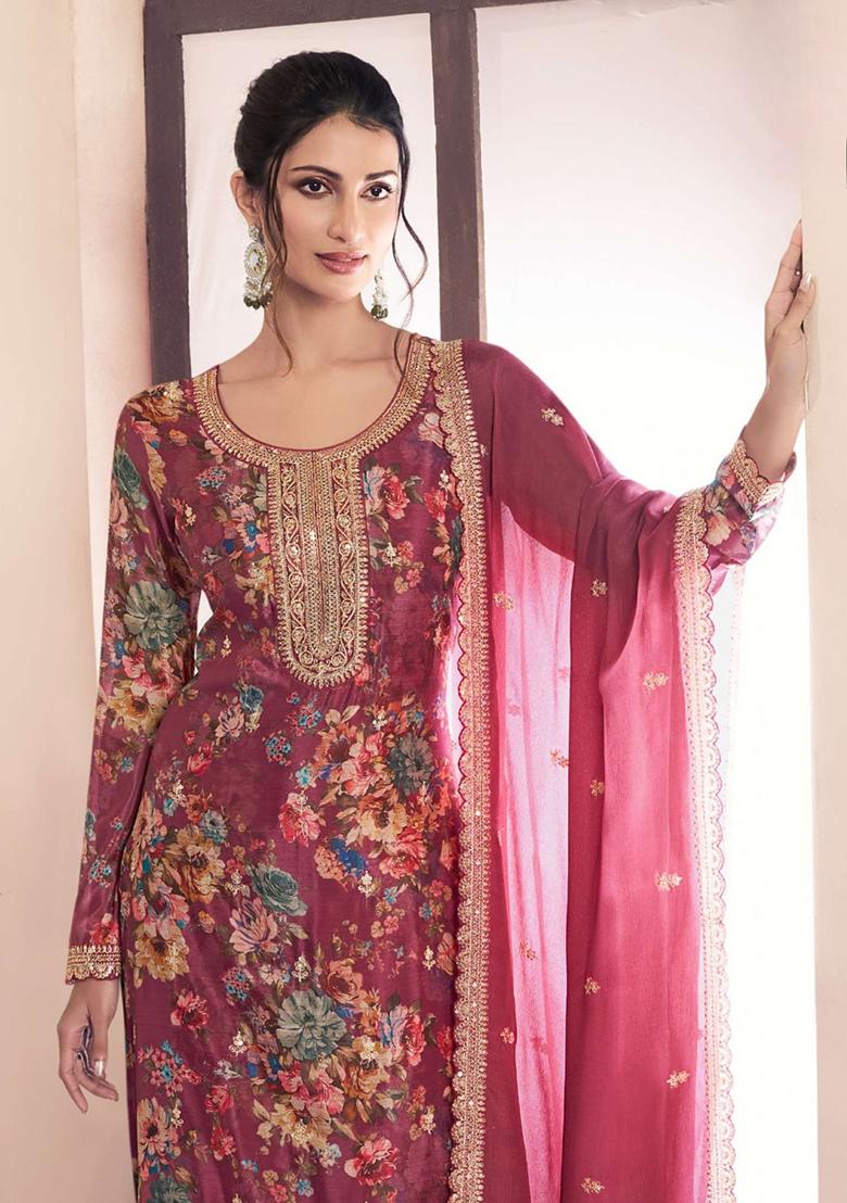 Pink Floral Print Silk Kurta Set