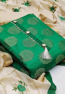 Green Woven Poly Blend Kurta Set