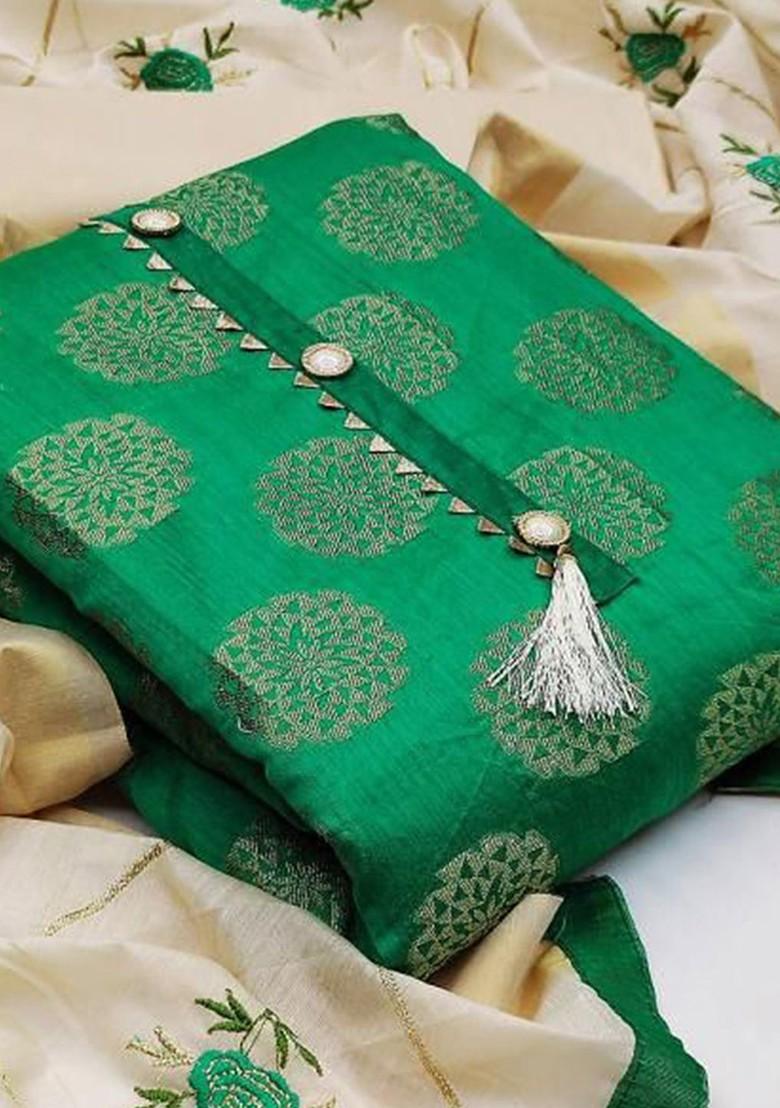 Green Woven Poly Blend Kurta Set