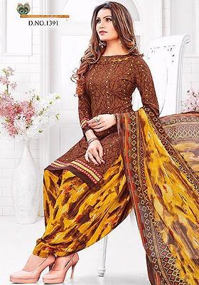 Brown Printed Poly Blend Kurta Set