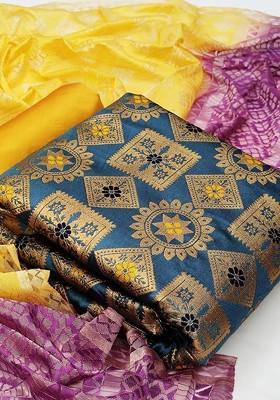 Blue Ethnic Motifs Embroidery Silk Kurta Set