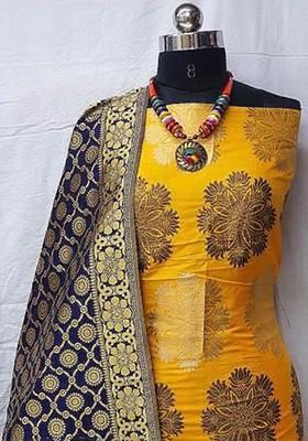 Yellow Floral Print Silk Kurta Set