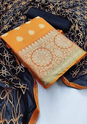 Orange Ethnic Motifs Embroidery Silk Kurta Set