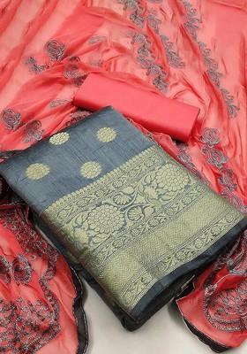 Grey Printed Silk Kurta Set