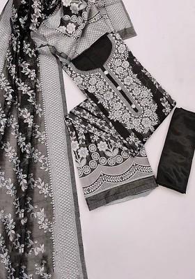 Black Floral Print Poly Blend Kurta Set