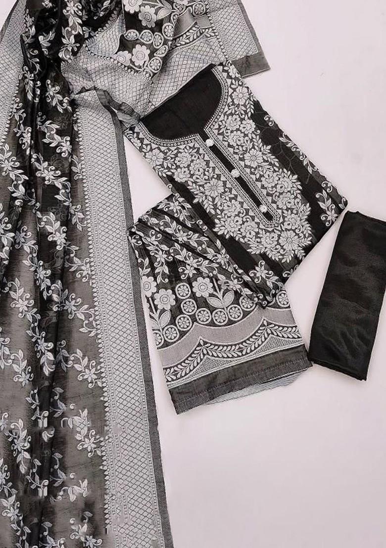 Black Floral Print Poly Blend Kurta Set