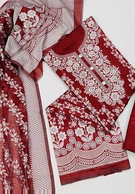 Red Floral Print Poly Blend Kurta Set