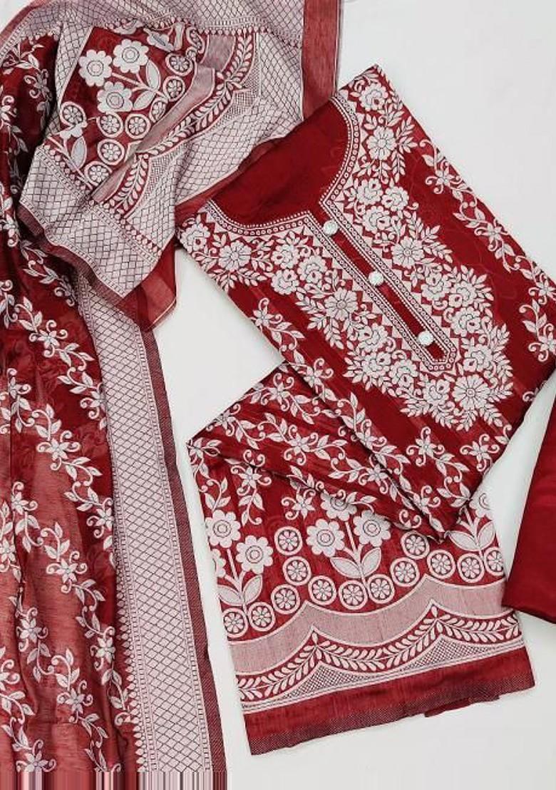 Red Floral Print Poly Blend Kurta Set
