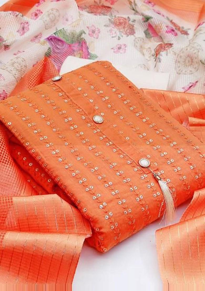 Orange Embroidered Cotton Kurta Set