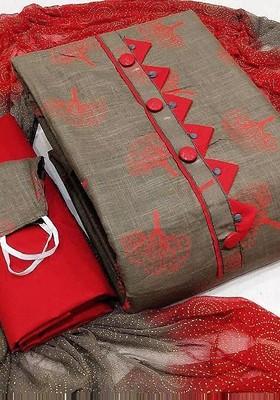 Grey Floral Print Cotton Kurta Set