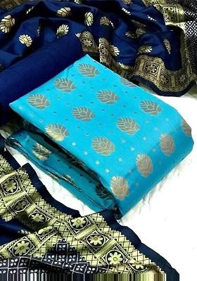 Turquoise Blue Woven Silk Kurta Set