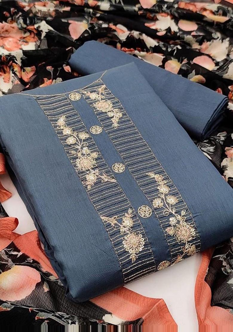 Grey Embroidered Chiffon Silk Kurta Set