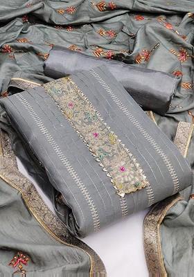 Grey Floral Embroidered Silk Kurta Set