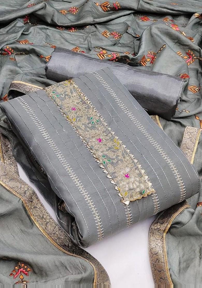 Grey Floral Embroidered Silk Kurta Set