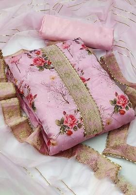 Pink Floral Print Silk Kurta Set