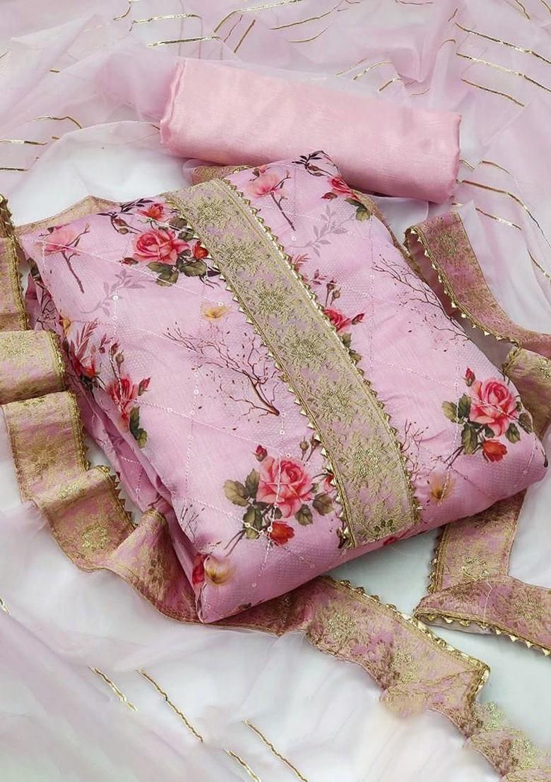 Pink Floral Print Silk Kurta Set