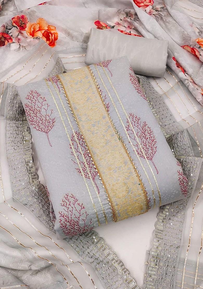 Grey Floral Print Chiffon Silk Kurta Set