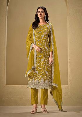 Dark Gold Embroidered Chinon Kurta set