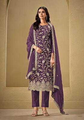 Dark Purple Embroidered Chinon Kurta set