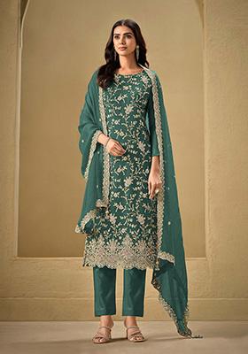 Teal Green Embroidered Chinon Kurta set
