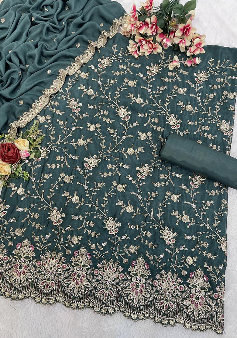 Teal Green Embroidered Chinon Kurta set