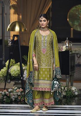 Olive Green Embroidered Chinon Kurta set