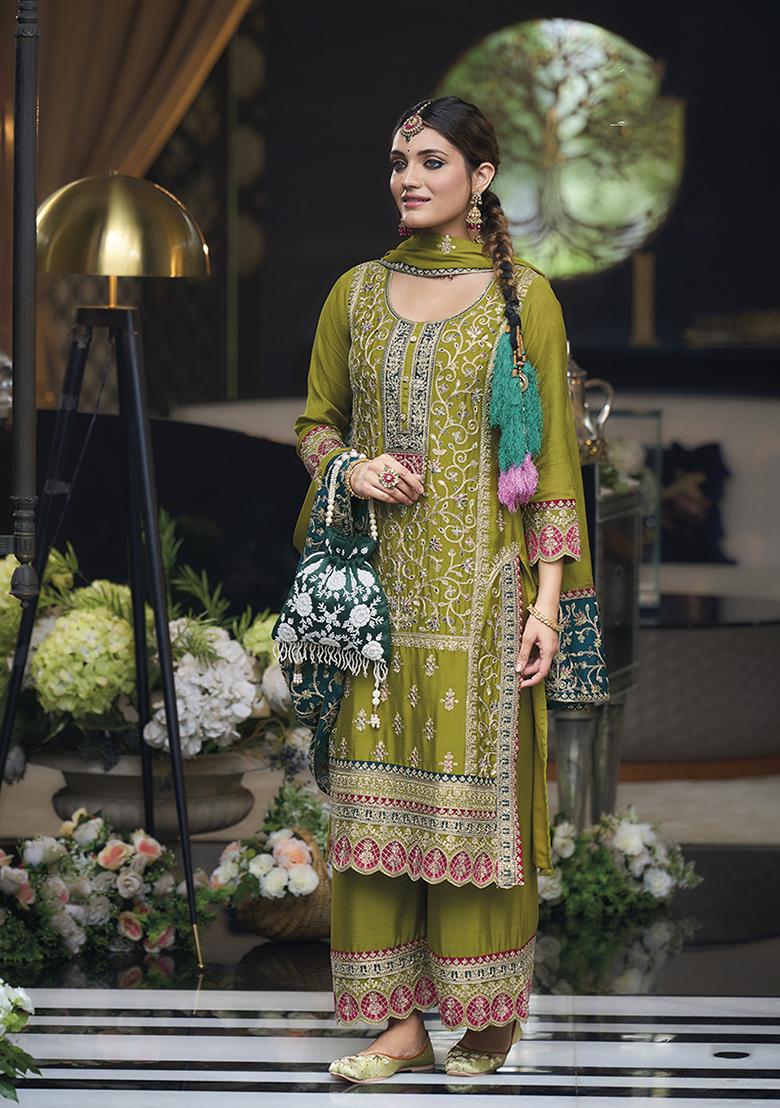 Olive Green Embroidered Chinon Kurta set