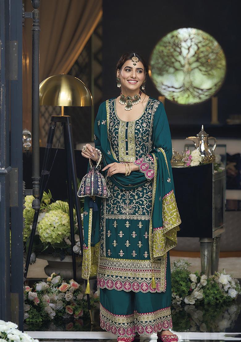 Dark Teal Embroidered Chinon Kurta set